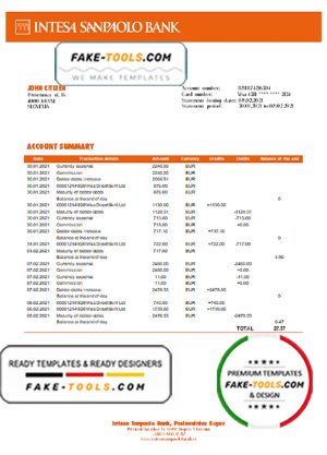 Slovenia Intesa Sanpaolo Bank, Poslovalnica Koper bank statement template in Word and PDF format
