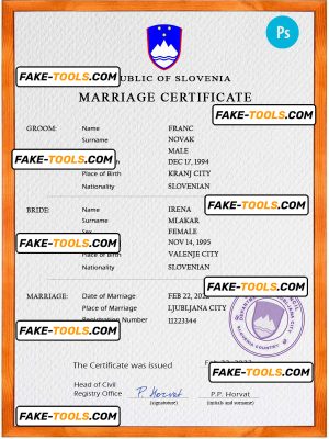 Slovenia marriage certificate PSD template, completely editable