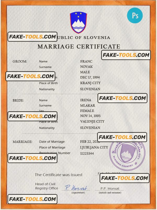 Slovenia marriage certificate PSD template, completely editable