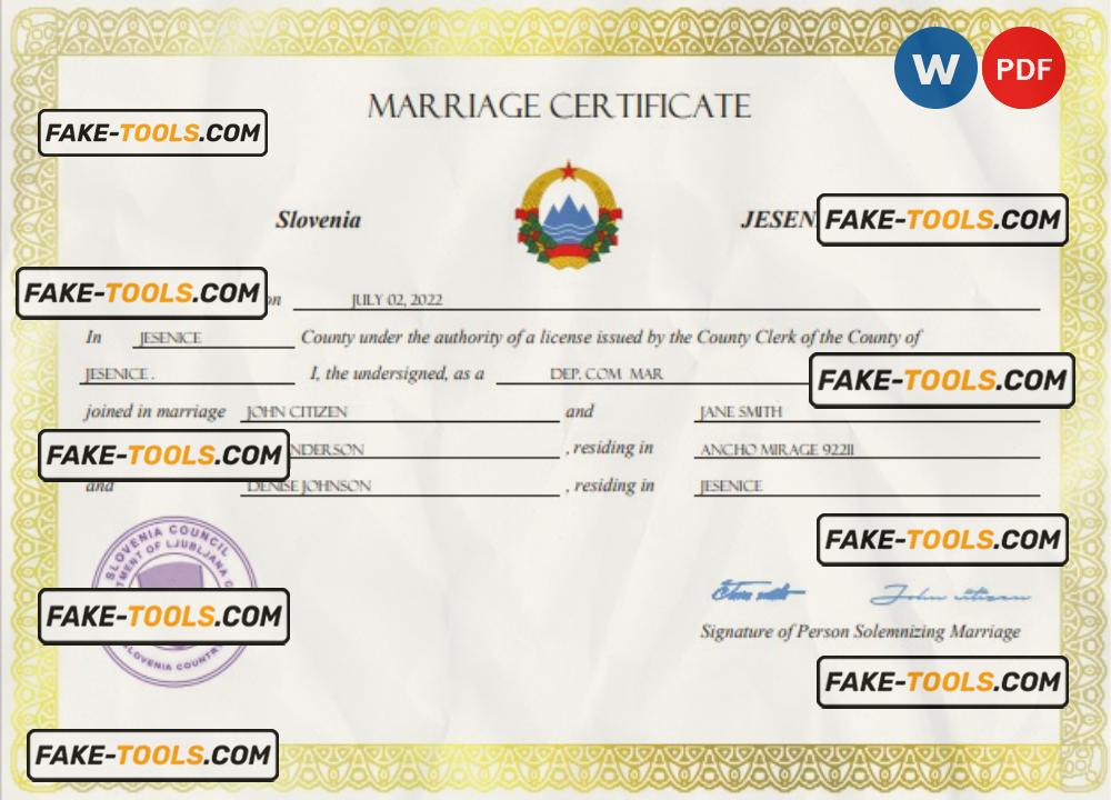 Slovenia marriage certificate Word and PDF template, fully editable scan effect