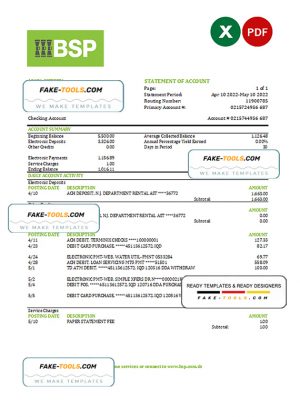 Solomon Islands BSP bank statement, Excel and PDF template
