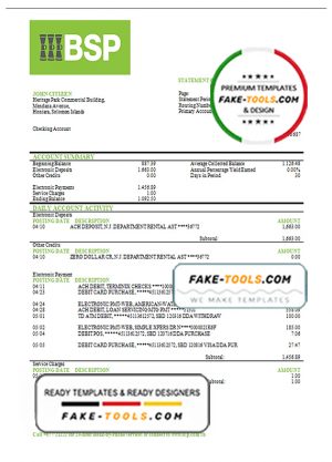 Solomon Islands BSP bank statement template in Word and PDF format