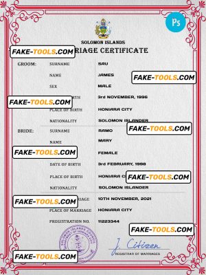 Solomon Islands marriage certificate PSD template, completely editable