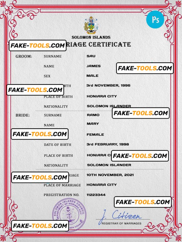 Solomon Islands marriage certificate PSD template, completely editable