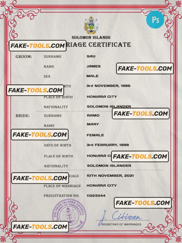 Solomon Islands marriage certificate PSD template, completely editable
