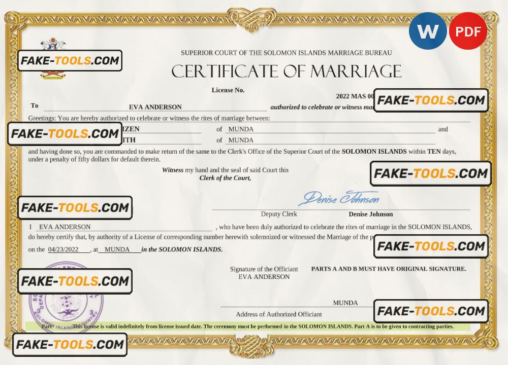 Solomon Islands marriage certificate Word and PDF template, completely editable scan effect