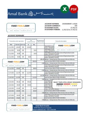 Somalia Amal bank statement, Excel and PDF template