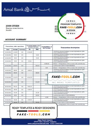 Somalia Amal bank statement template in Word and PDF format