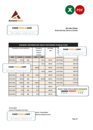 Somalia Amana bank statement, Excel and PDF template