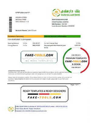Somalia Dara Salaam Bank statement template in Excel and PDF format