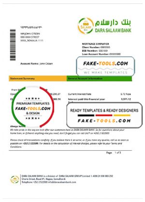 Somalia Dara Salaam Bank statement template in Word and PDF format, good for address prove