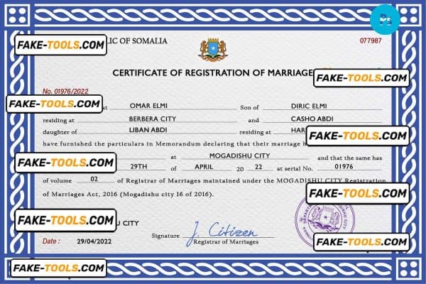 Somalia marriage certificate PSD template, fully editable