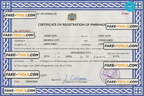 Somalia marriage certificate PSD template, fully editable