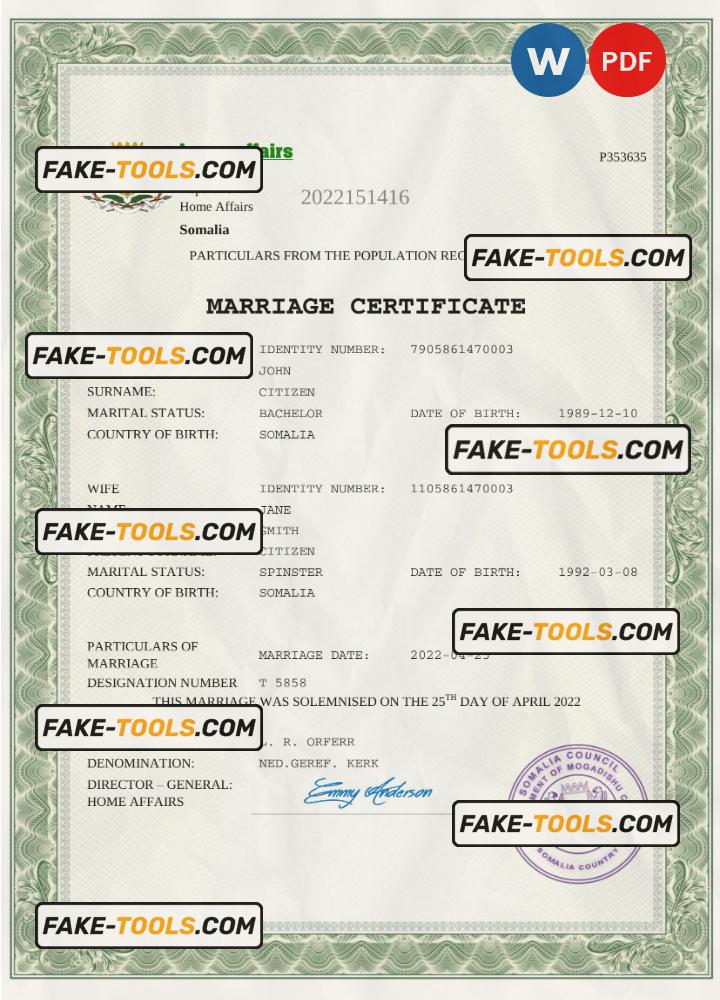 Somalia marriage certificate Word and PDF template, fully editable scan effect