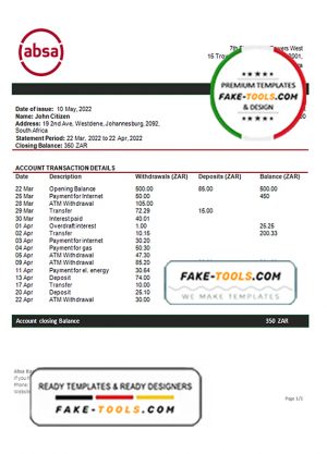 South Africa ABSA bank statement template in Word and PDF format