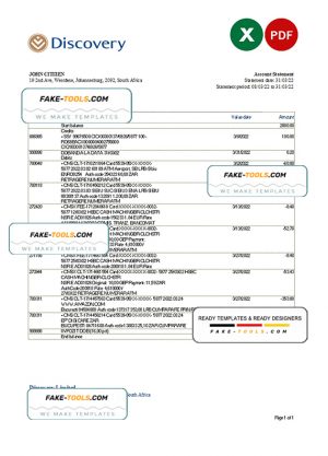 South Africa Discovery bank statement, Excel and PDF template