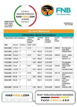South Africa First National Bank (FNB) proof of address statement template in Word and PDF format