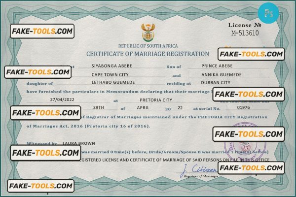 South Africa marriage certificate PSD template, completely editable