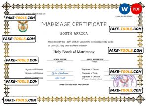 South Africa marriage certificate Word and PDF template, completely editable
