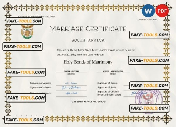 South Africa marriage certificate Word and PDF template, completely editable