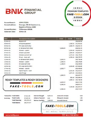 South Korea BNK bank statement easy to fill template in Excel and PDF format