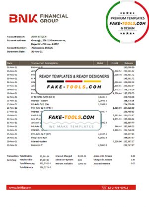 South Korea BNK bank statement template, Word and PDF format (.doc and .pdf)