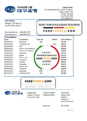 South Korea Daegu bank proof of address statement template in Word and PDF format