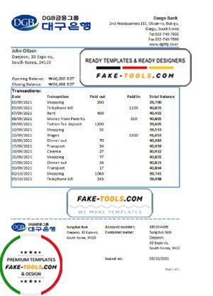 South Korea Daegu bank statement easy to fill template in Excel and PDF format