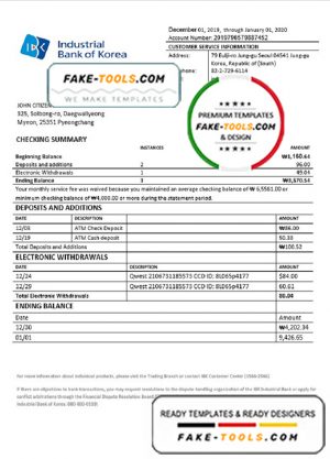 South Korea Industrial Bank of Korea bank statement template in Word and PDF format