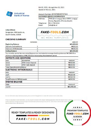 South Korea Industrial bank statement easy to fill template in Excel and PDF format