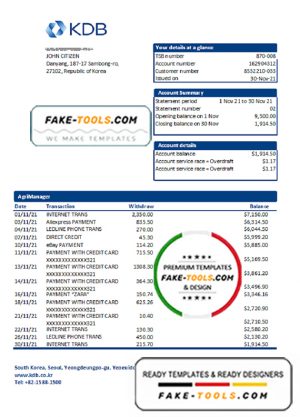 South Korea KDB bank proof of address statement template in Word and PDF format