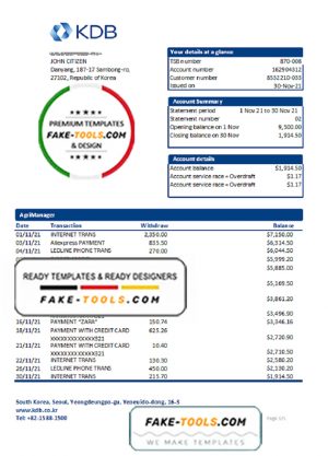 South Korea KDB bank statement easy to fill template in Excel and PDF format