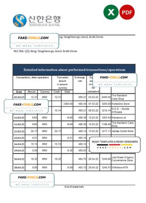South Korea Shinhan bank statement, Excel and PDF template