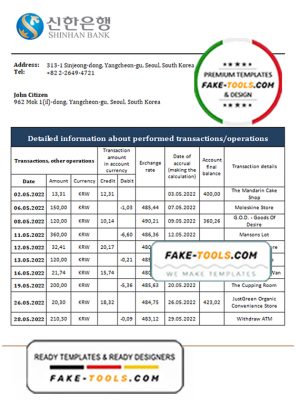 South Korea Shinhan bank statement template in Word and PDF format