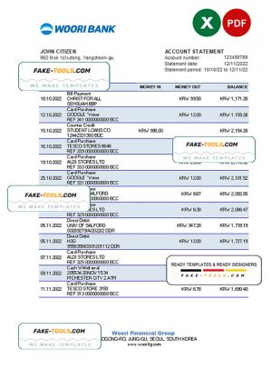 South Korea Woori bank statement, Excel and PDF template
