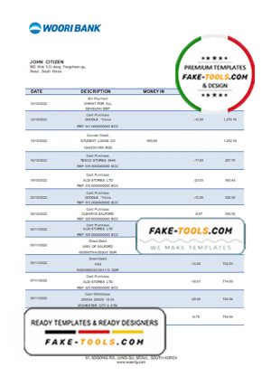 South Korea Woori bank statement template in Word and PDF format