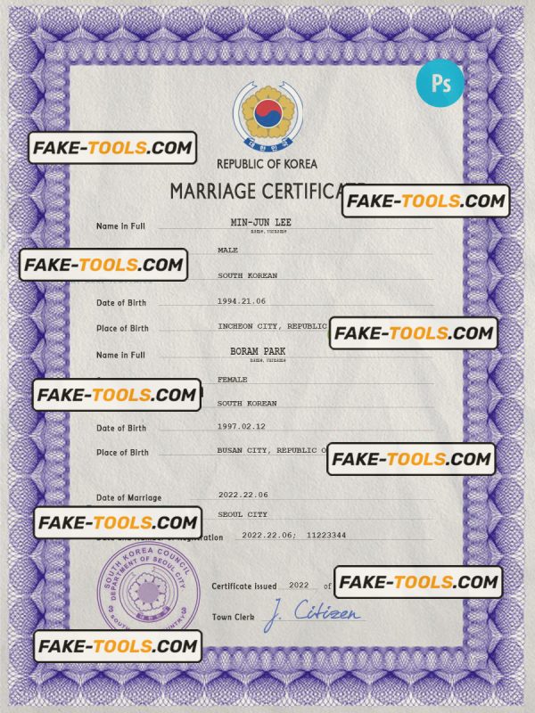 South Korea marriage certificate PSD template, fully editable