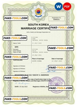 South Korea marriage certificate Word and PDF template, fully editable