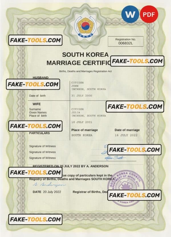 South Korea marriage certificate Word and PDF template, fully editable