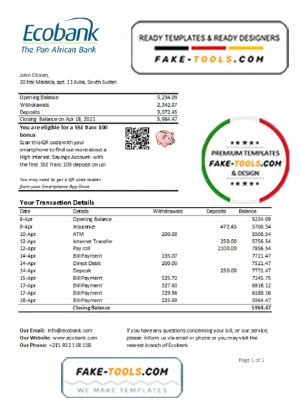 South Sudan Ecobank bank statement easy to fill template in Excel and PDF format
