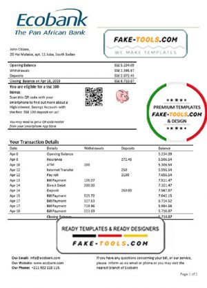 South Sudan Ecobank proof of address bank statement template in Word and PDF format