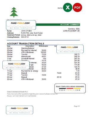 South Sudan Eden Commercial Bank statement, Excel and PDF template