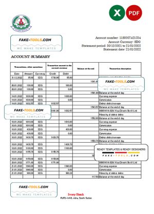 South Sudan Ivory Bank statement, Excel and PDF template