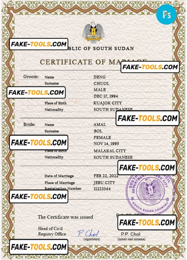 South Sudan marriage certificate PSD template, completely editable