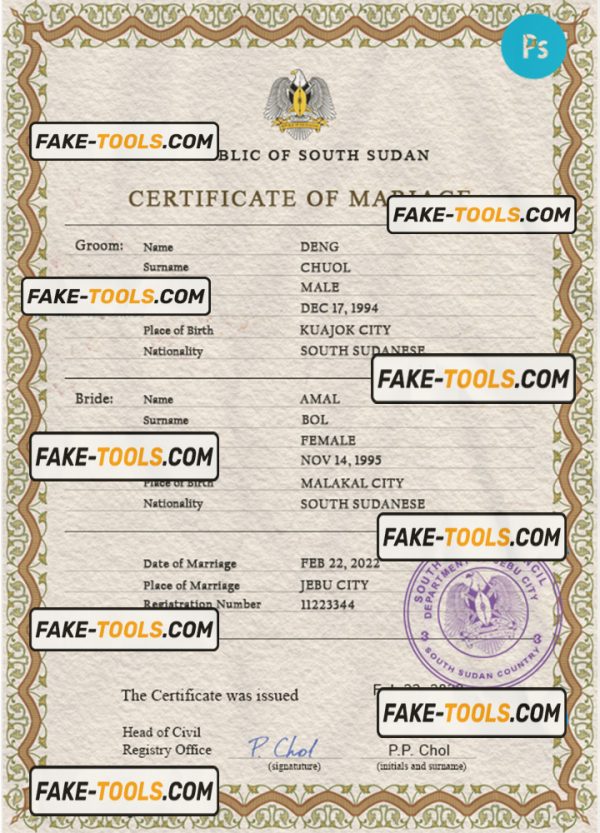 South Sudan marriage certificate PSD template, completely editable