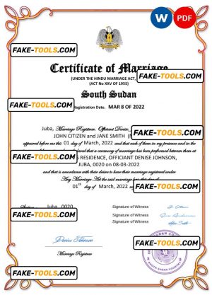 South Sudan marriage certificate Word and PDF template, completely editable
