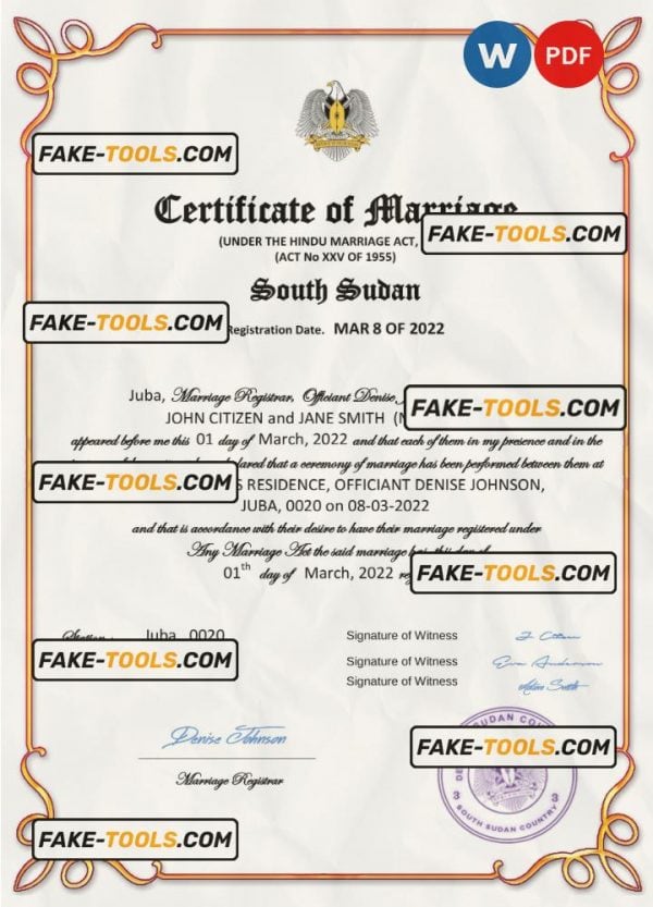 South Sudan marriage certificate Word and PDF template, completely editable