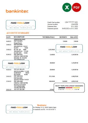 Spain Bankinter bank statement, Excel and PDF template