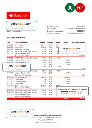 Spain Santander bank statement, Excel and PDF template