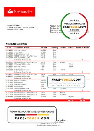 Spain Santander bank statement template in Word and PDF format, version 2